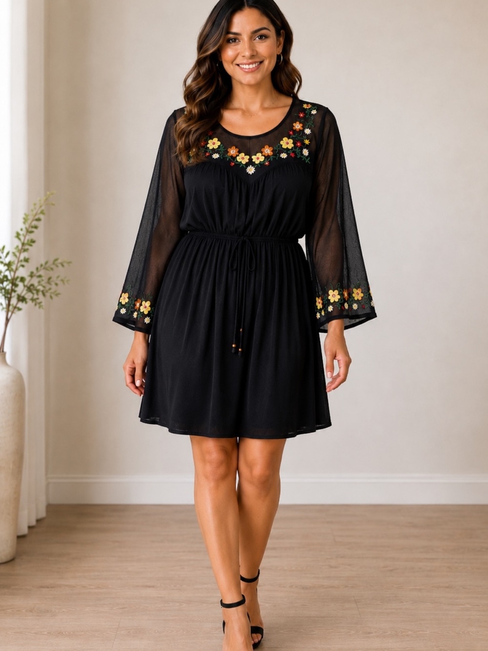 True Destiny Boho Embroidered Floral Mesh Sleeve Rayon Dress Women’s L